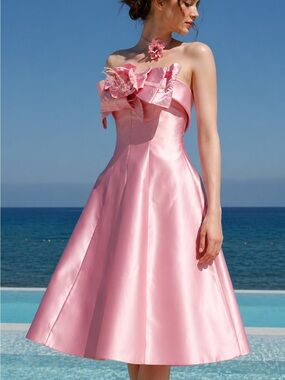 Strapless Pink Satin Tea-Length Dress